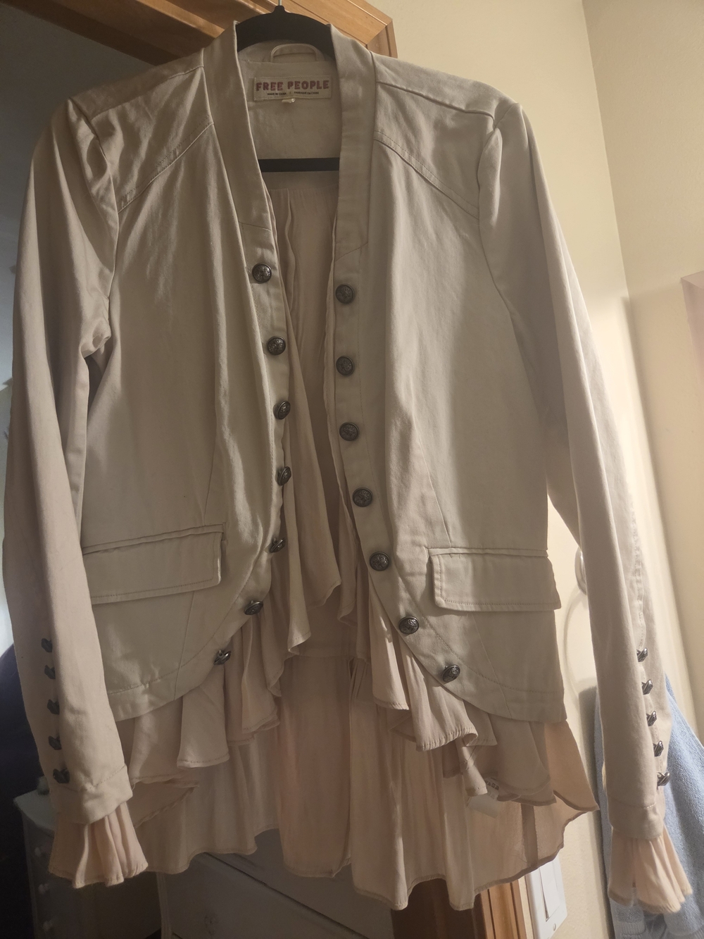 Free People Cream Ruffle-Trim Military Button Blazer